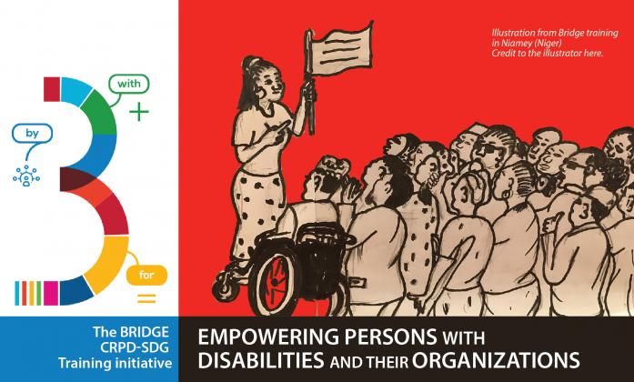 Illustration from BRIDGE Training in Niger, depicting woman explaining their rights to a group of persons with disabilities. Text: The bridge CRPD-SDG: Empowering persons with disabilities and their organizations.