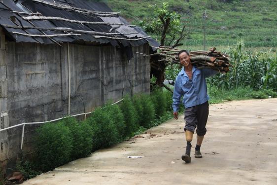 Man from China with Prosthetic Carrying Wood