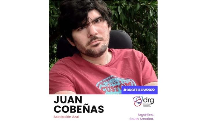 Banner with a profile picture of Juan on the top. There is a small logo of the DRG on the right just after his picture, with the hashtag #DRGFELLOW2022.  Then a text reads Juan Cobeñas, Asociación Azul, Argentina, South America.