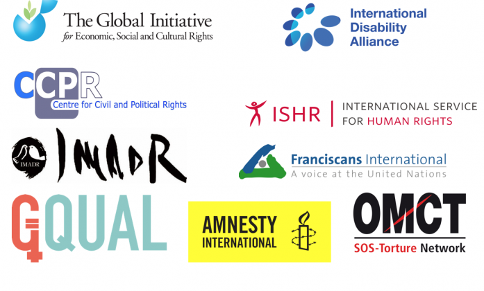 Logos of: the Global Initiation for Economic, Social and Cultural Rights, the Centre for Civil and Political Rights, IMADR, Franciscans International, International Disability Alliance, International Service for Human Rights, and Amnesty International