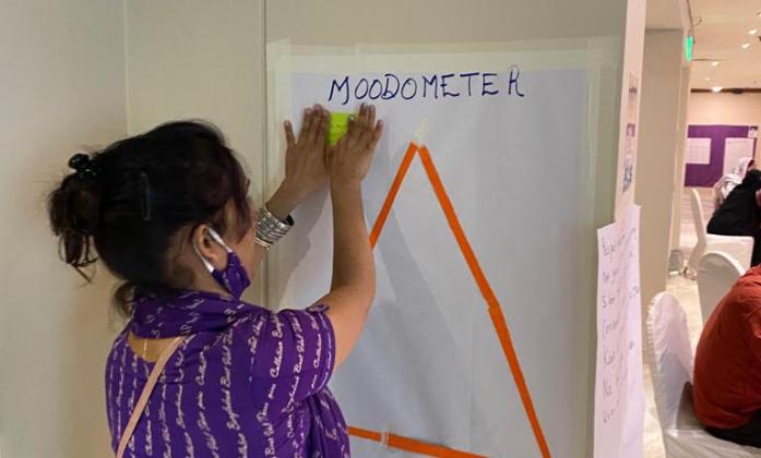 A participant is stickling a post-it on the moodometer