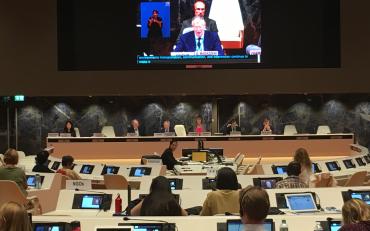 Image of the podium during the Day of General Discussion on the Right to Equality and Non-discrimination (Article 5)