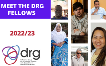 A banner with six pictures of Maout, Rosa, George, Duya, Juan and Mohammed in a grid. The text reads; Meet the DRG Fellows 2022/23 There is a logo of DRG at the bottom. The primary colours are red, purple and white.