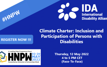 A blue banner with IDA logo on top right and HNPW Banner on bottom left. It says « #HNPW Climate Charter: Inclusion and Participation of Persons with Disabilities  Thursday, 12 May 2022  4 to 5 PM CET (Face-To-Face) REGISTER NOW !!! »