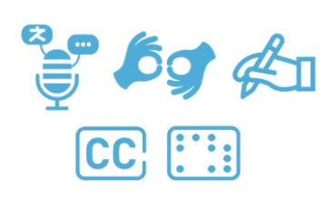 Blue icons a microphone, hands signing, hand writing with a pencil, cc from closed captioning, and braille symbol
