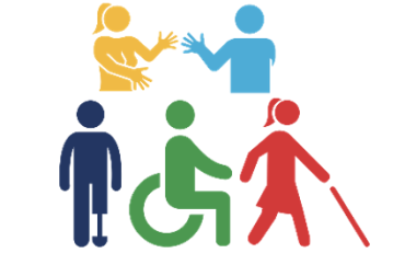 Icons in different colours of two people signing, person with prosthetic leg, person in a wheelchair, person with a red cane symbolizing deafblindness