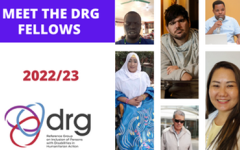 A banner with six pictures of Maout, Rosa, George, Duya, Juan and Mohammed in a grid. The text reads; Meet the DRG Fellows 2022/23 There is a logo of DRG at the bottom. The primary colours are red, purple and white.