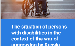 Cover page of the report, a man in a wheelchair under the Ukraine flag.