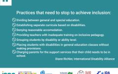Practices that need to stop to achieve inclusion: Dividing between general and special education. Establishing separate curricula based on disabilities. Denying reasonable accomodation. Providing teachers with inadequate training on inclusive pedagogy.
